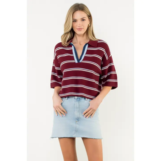 Tommi -  Short Sleeve Striped Knit Top - Burgundy
