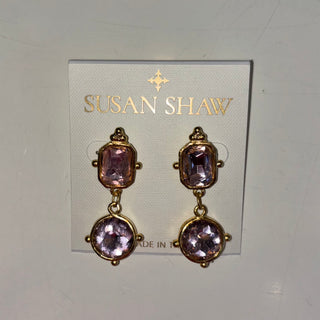DOUBLE LIGHT PINK SQUARE & ROUND CRYSTAL DROP EARRINGS