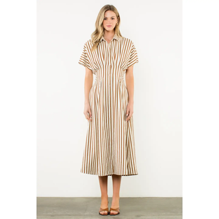 Jennifer - Striped Pintuck Button-Up Maxi Dress - Brown