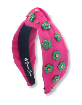 Magenta Twill Headband with Green Flowers