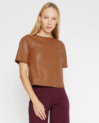 Vegan Leather Short Sleeve Extended Top - Camel
