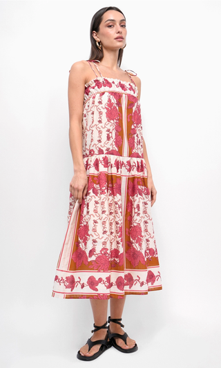 Alisha Trapeze Strappy Midi Dress - Ecru / Coral