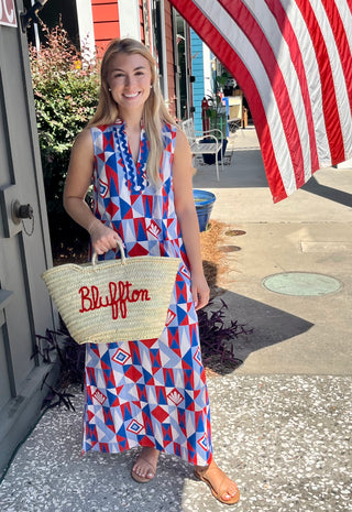 Handcrafted Woven Straw Bag with Us Flag - Patriotic Tote W\ BLUFFTON ON OPPOSITE SIDE IN RED
