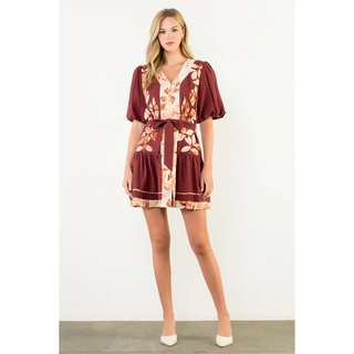 Graham - Puff Sleeve Button Front Tie Waist Dress - Burgundy