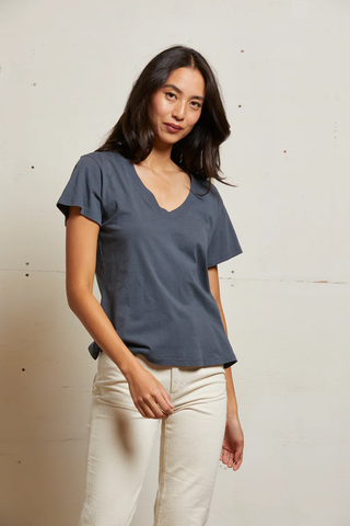 Hendrix - Cotton Short Sleeve Boxy V Neck Tee - Night