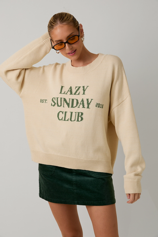 Round Neck 'lazy Sunday Club' Sweater Top - Cream