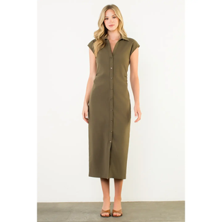 Sharon - Cap Sleeve Ruched Button Midi Dress - Olive