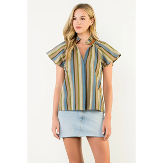 Toby - Short Sleeve Striped V-Neck Top - Olive