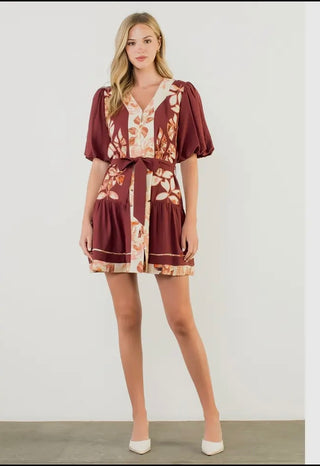 GRAHAM , Puff Sleeve Button Front Tie Waist Dress