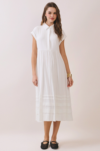 Classic Shirt Collar Neck Pleated Dress - White