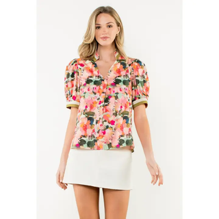 Peony -  Pleated Collar Puff Sleeve Top - Pink