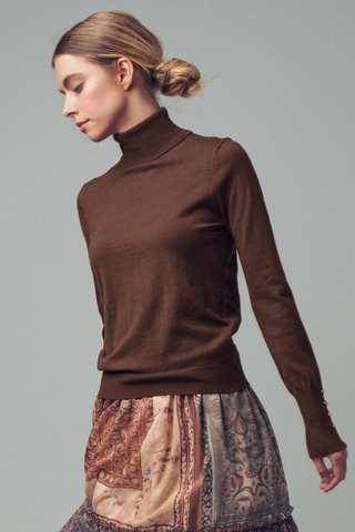 Gold Button Cuff Fitted Turtleneck Sweater - Brown
