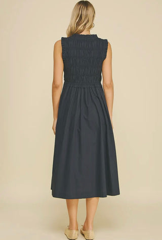 Margo - Front-Tie Detailed Smocking Midi Dress - Ink