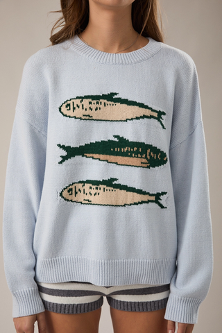 Round Neck 3 Sardines Sweater Top - Baby Blue