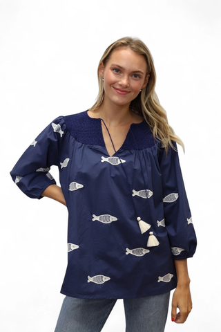 Willow Smock Blouse- Embroidered Fish