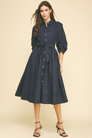Eyelet Detailed Button Down Midi Dress - Blue Black