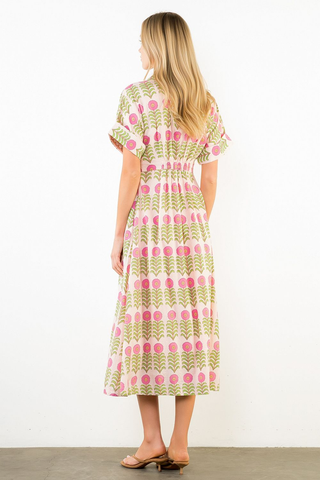 Cynthia Short Sleeve Floral Pattern Button Down Dress - Pink