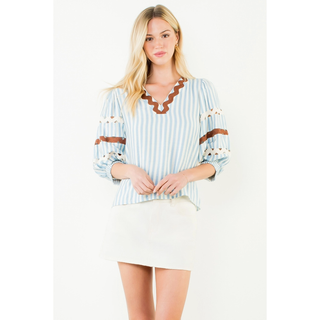 Dallas - Puff Sleeve Striped V-Neck Top - Blue