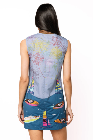 Multi Firework Over Boats Cotton Button Tank Dress