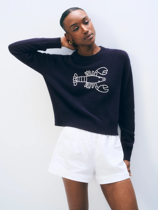 Cashmere Embroidered Lobster Crewneck - Navy & White