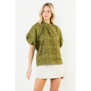 Julie Frayed Jacquard Puff Sleeve Top - Olive