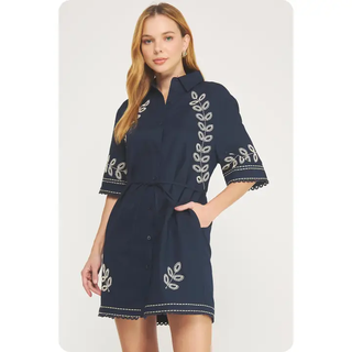 Embroidery Top Stitch Linen Shirt Dress - Dark Navy/Ecru