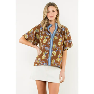 Amelia -  Smocked Split Neck Floral Top - Brown