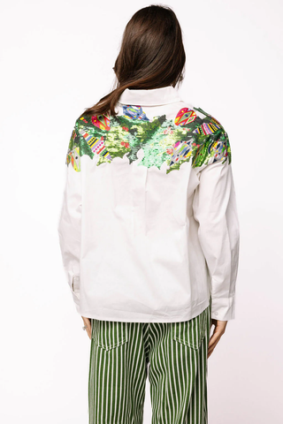 White Multi Metallic Wreath Cotton Button Up Top
