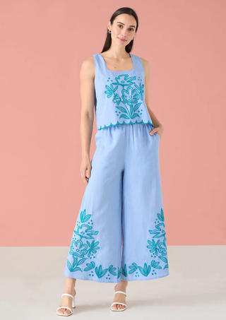 The Gemma Pant - SKY BLUE FLORAL EMBROIDERY