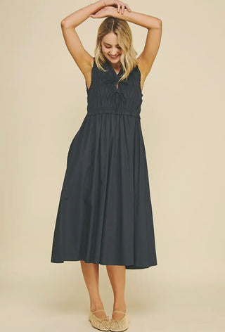 Margo - Front-Tie Detailed Smocking Midi Dress - Ink