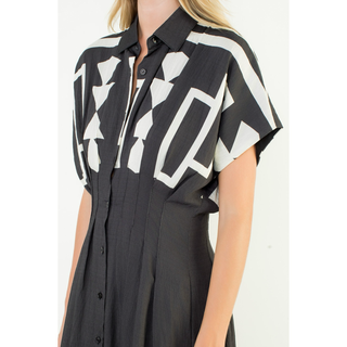 Cheyenne - Button Down Geo Print Midi Dress - Black