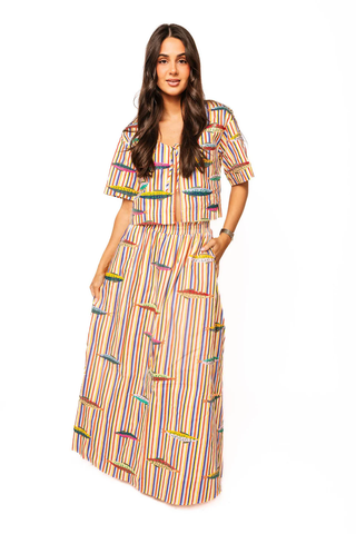 Rainbow Stripe Multi Fish Cotton Midi Skirt