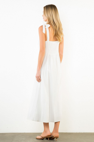 Palm Tie Strap Square Neck Print Midi Dress - Cream