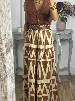 Bethany - Boho Wavy Pattern Print Large Hem Skirt - Brown