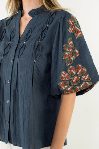 CALLIE ,  Embroidered Detailed Puff Sleeve V-Neck