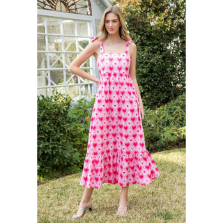Betty - Tie Strap Heart Print Maxi Dress