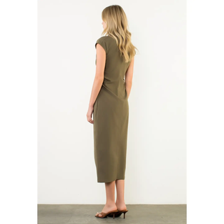 Sharon - Cap Sleeve Ruched Button Midi Dress - Olive