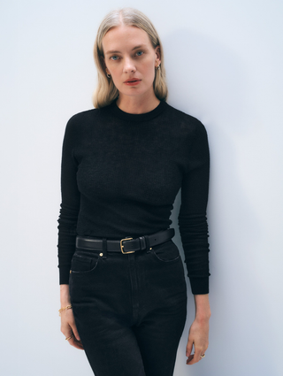 Superfine Cashmere Blend Waffle Crewneck - Black