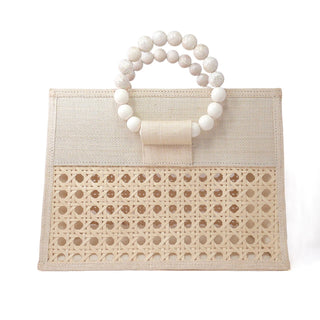 The Ashley - Cream & Pearl Rattan Woven Tote Handbag