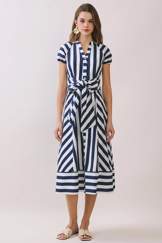 Mixed Striped Pattern Button Down Midi Dress - Navy