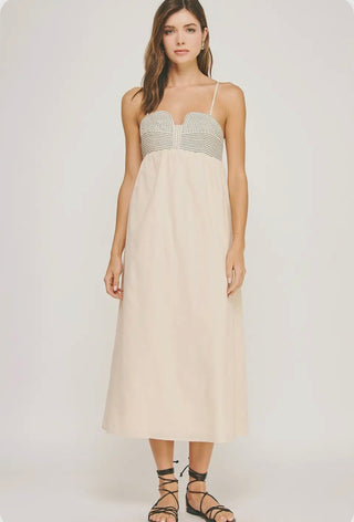 Callie - Top Stitch Bustier Linen Midi Dress - Sand