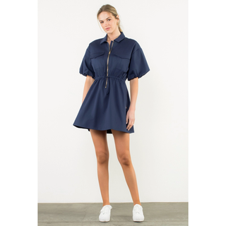 Tina - Half Zip Drawstring Puff Sleeve Dress