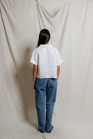 Tabitha Linen 1/4 Button Down Collared Tee - White