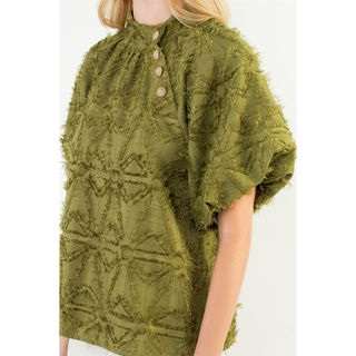 Julie Frayed Jacquard Puff Sleeve Top - Olive