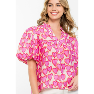 Heart Print Puff Sleeve Top