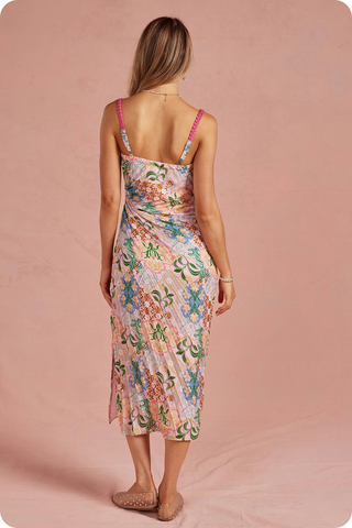Garden Party Pleated Satin Midi Dress - Multi
