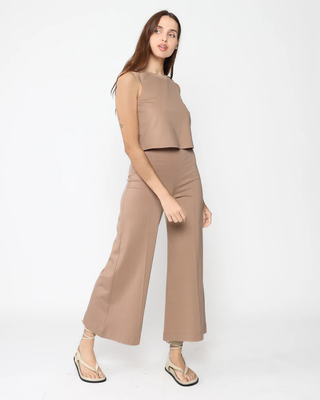 Khaki Ponte Knit Wide Leg Pant: Cropped