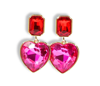 Pink Crystal Heart Earrings with Red Crystal Top