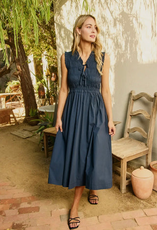 Margo - Front-Tie Detailed Smocking Midi Dress - Ink