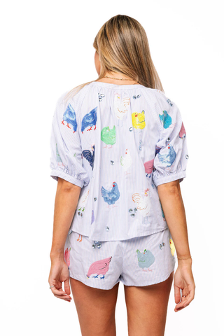 Light Blue Stripe Multi Chicken Button Up Cotton Top